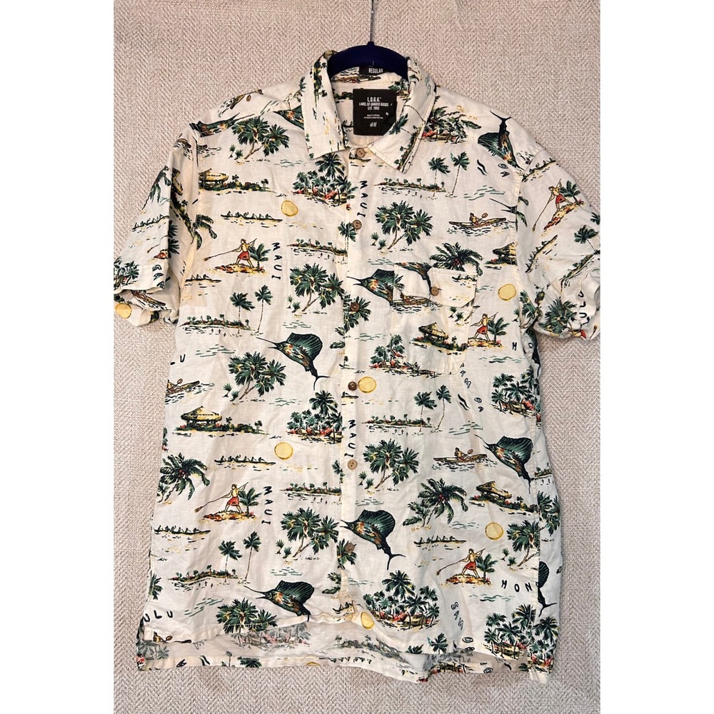 HM LOGG Mens Medium Linen Blend Tropical Hawaiian Shirt Maui Honolulu Marlin